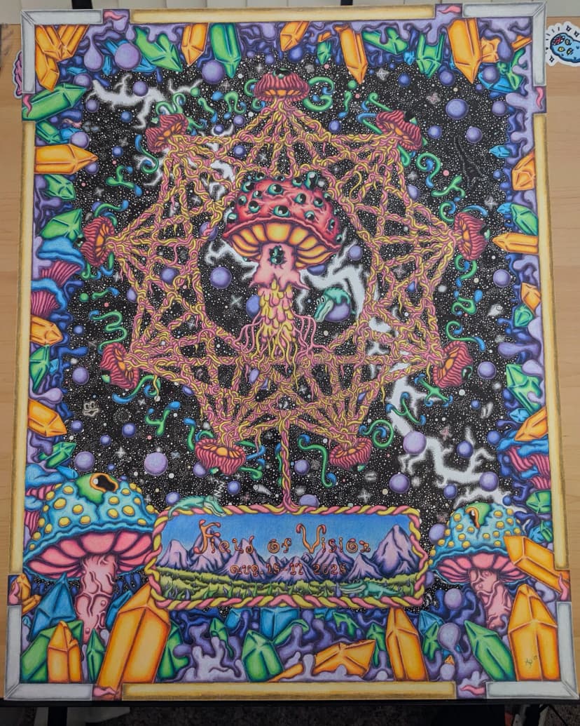 Field of Vision 2025 Bootleg Poster - Original artwork, colored pencil and ink on bristol, 19x24. Not pictured, framed and reacts under bl...